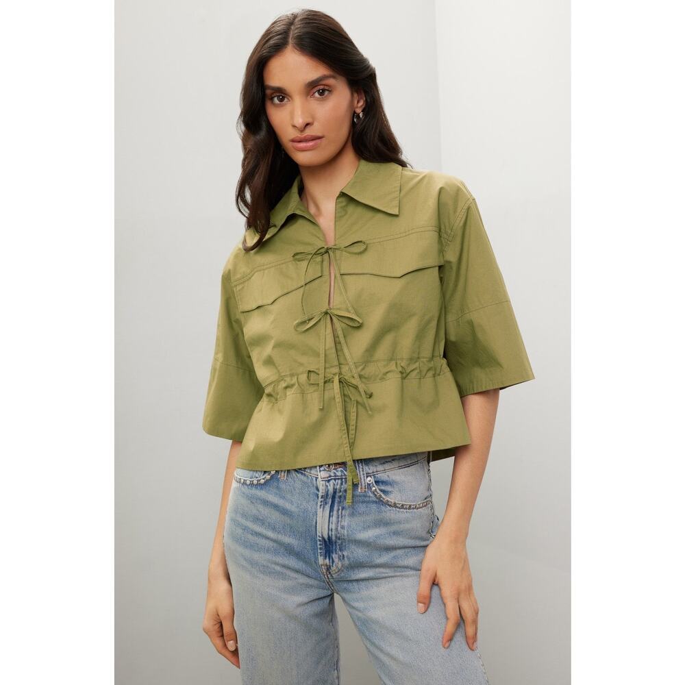 SEA NEW YORK Army Green Collar Short Sleeve Tie Down Middle Peplum Hem Top 2